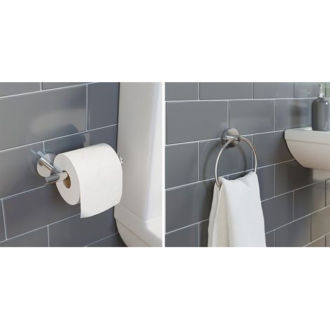 Bathroom Set Towel Ring Toilet Roll Holder Chrome Round Wall Mounted Stylish (1/5)