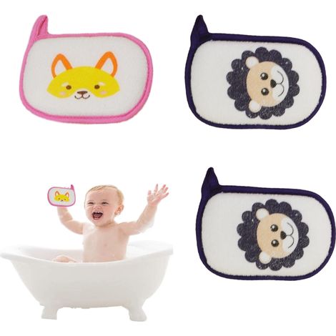 3 éponges de bain bébé, motifs dessin animé, coton et ressort, 10 x 14 cm, épaisseur 2 cm, pour peau sensible (1/5)