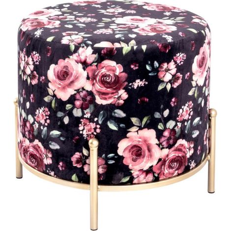 Tabouret en Velours "Motif Fleurs" 48cm Noir & Rose