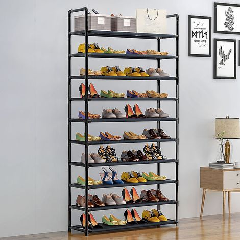 Étagère à chaussures 10 niveaux – Meuble de rangement noir 100 x 30 x 176 cm – Structure en tubes de fer – Pour entrée, salon, chambre – Wyctin (1/5)