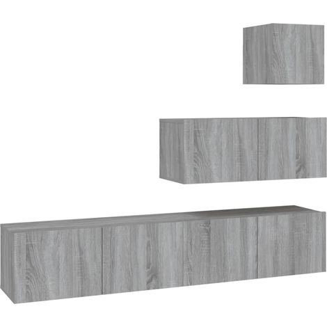 Conjunto de muebles mueble aparador TV televisión salón dormitorio salón 4 piezas sonoma madera contrachapada gris 020024836