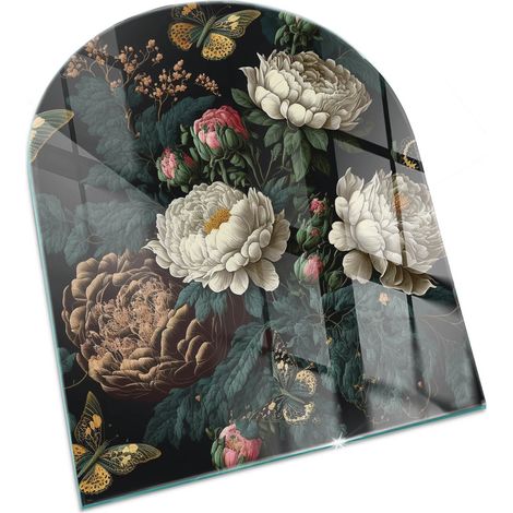Plaque Rectangulaire décorative imprimée pour cheminée protection de sol avec impression décorative Motif floral avec papillons 80x70 cm (1/5)