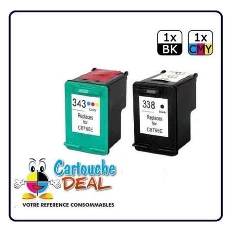 Lot de 2 cartouches compatibles HP338 et HP343 pour imprimantes HP PSC 1500, 1510, 1510S, 1513, 1545, 1600, 1610, 1613, 2300, 2350, 2355, 2610 et 3180.