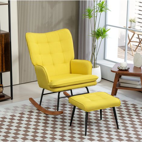 Fauteuil à bascule avec repose-pieds, dossier haut, 64x89x90 cm, polyester jaune, REDOM (1/5)