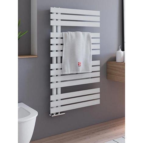 Schulte Badheizkörper Breda, flacher Designheizkörper mit seitlich versetztem Mittelanschluss, Stahl pulverbeschichtet in Pearl Weiß, 106 x 60 cm (1/5)