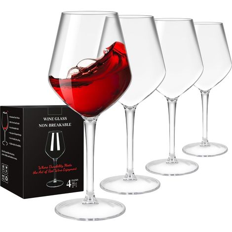Lot de 4 Verres à vin, 440 ml Verres à Pied en Plastique Incassable pour vin Rouge ou Blanc, Sans BPA, Réutilisables, pour le Camping, les Fêtes, Noël, les Mariages ou les Anniversaires (1/5)