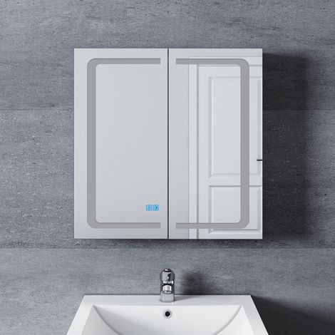 SONNI armoire de toilette aluminium LED avec éclairage avec prise tactile anti-buée armoire de toilette miroir de salle de bain 65x65x13.3cm (1/5)