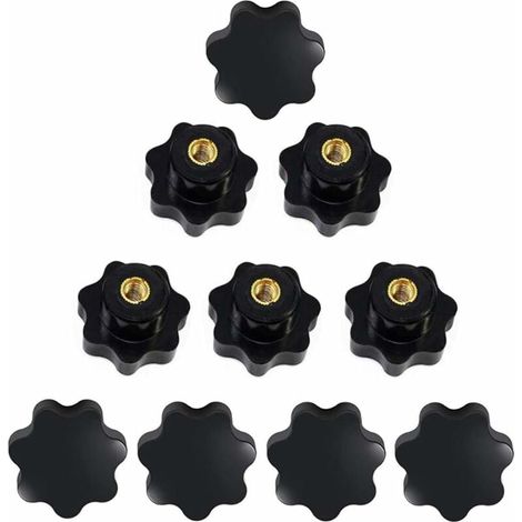 Lot de 10 vis étoile M8, écrous filetés femelles M8, bouton de serrage à filetage femelle, tête en forme d'étoile en plastique noir, bouton de serrage en forme de bouton, poignée, bouton à main, machi