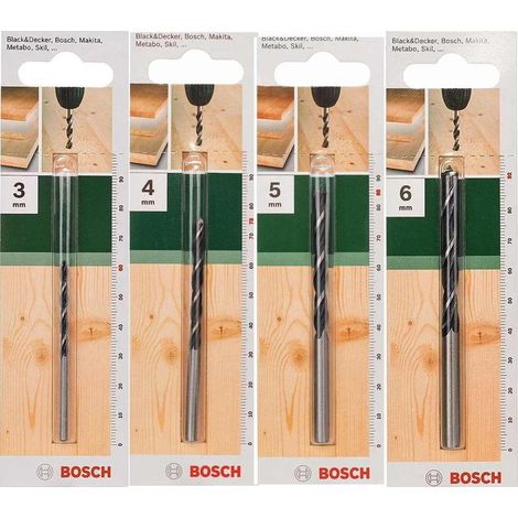 Bosch 4x Holzspiralbohrer für Weichholz, Hartholz, Ø 3 / 4 / 5 / 6 mm