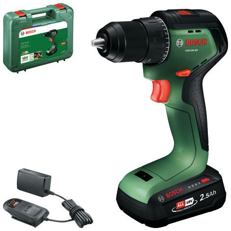 Trapano avvitatore a batteria Bosch PSR 18V-60, 1 batteria PBA 18V 2,5 Ah e caricabatterie in valigetta (1/5)