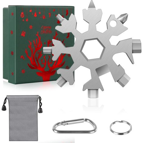 Coffret cadeau de Noël compact 18 en 1 en forme de flocon de neige, en acier inoxydable, avec pochette de rangement étanche, anneau porte-clés et mousqueton. (1/5)