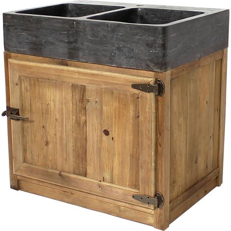 Made In Meubles – Meuble bas de cuisine avec évier 2 vasques en pierre bleue – Dimensions 86x86x60 cm – Rangement pratique en bois recyclé (1/5)