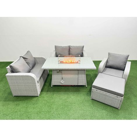 Fimous High Back Poly Rattan Garden Furniture Set with Reclining Chair Loveseat Sofa Firepit Dining Table Indoor Outdoor Patio Set Big Stool Light Grey (1/4)