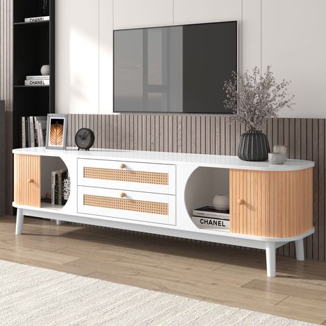 Meuble TV blanc et bois 170 x 39,5 x 46 cm, portes en bois, tiroirs effet rotin, rangements et pieds en bois (1/5)