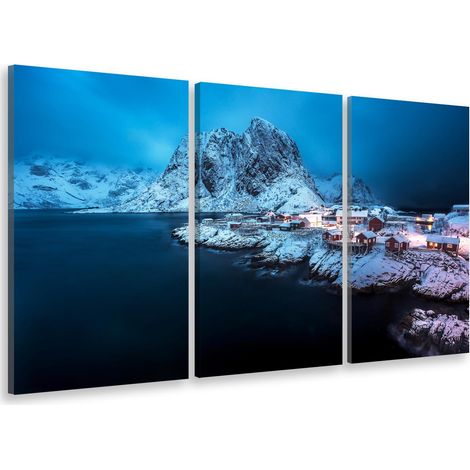 Tableau triptyque paysage cabane de pêcheurs en norvège - 90x60 cm Toile imprimée (1/5)