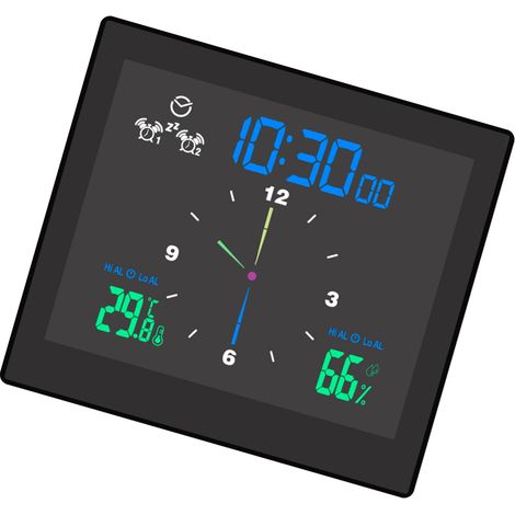 Réveil numérique de salle de bain étanche avec thermomètre et hygromètre, écran LCD, alarmes doubles (limites supérieure et inférieure) et fonction snooze. (1/5)