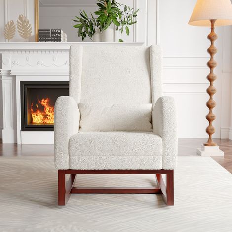 Fauteuil à Bascule avec Repose-Pieds, Chaise a Bascule avec Oreiller Lombaire, Poche latérale, Fauteuil de Lecture avec Dossier Rembourré pour Salon, Chambre, Blanc
