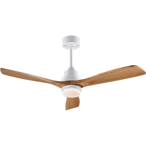 Ventilateur de plafond φ132 cmavec lumière et télécommande, plafonnier ventilateur, pales en bois massif, moderne, pour salon et chambre, Blanc et chêne