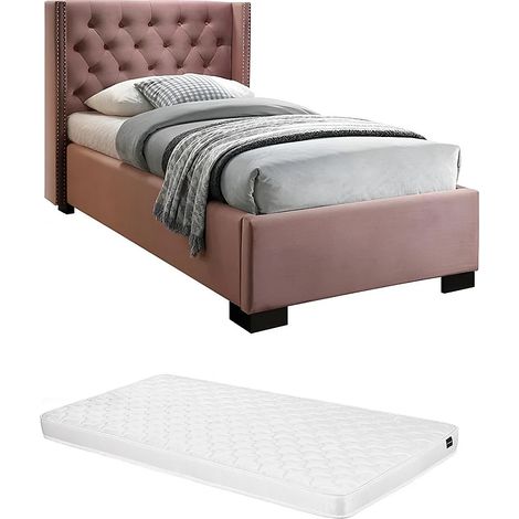 Letto testata letto trapuntata 90 x 200 cm Velluto Rosa + Materasso - MASSIMO (1/5)