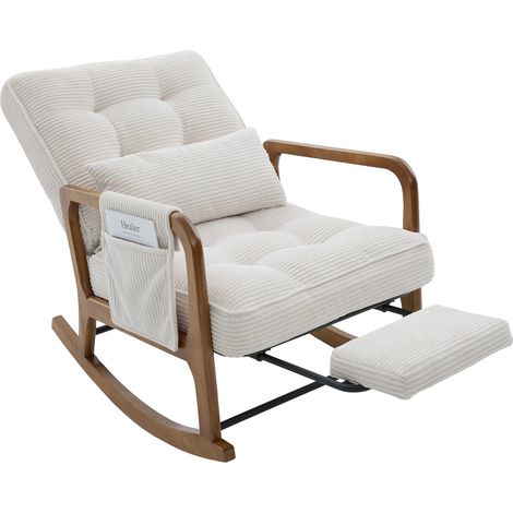 CHICFURN Sillón mecedora de terciopelo acanalado beige con reposapiés y bolsillo lateral 70x80x92 cm (1/5)