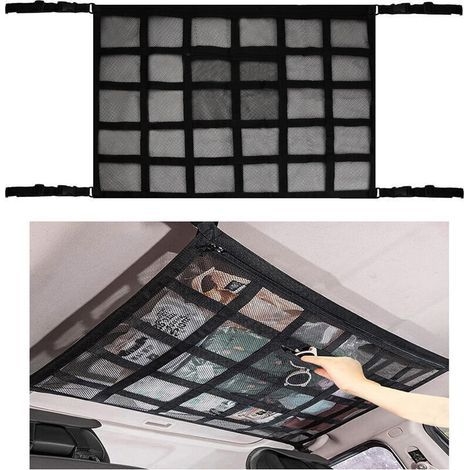 Filet rangement pour toit ,ciel de toit voiture sac, universel maille sac pour toit de voiture intérieur filet Élastique,convient aux voitures, camionnettes et caravanes, noir (90 65cm) (1/4)