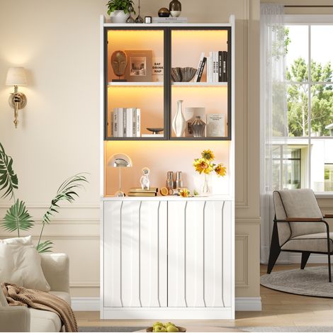 REDOM vitrina 80x35x200 cm, con LED Bluetooth, 5 compartimentos, puertas de vidrio templado, tablero de partículas blanco (1/5)