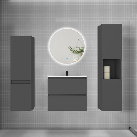 Ensemble meuble anthracite et lavabo L.60cm 2 tiroirs + colonne2 haut + lavabo + miroir 60x60cm-suspendu