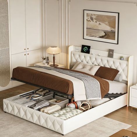 Bett 140x190 cm - Erwachsenenbett 140x190 cm mit Lattenrost - Integrierte USB-Ports - Samtstoff - Integrierte LED - 2 Plätze