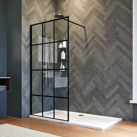 ELEGANT 900mm Walk in Shower Door Wet Room Reversible Shower Screen Panel 8mm Safety Glass Matte Black with 1400x900mm Shower Tray (1/5)