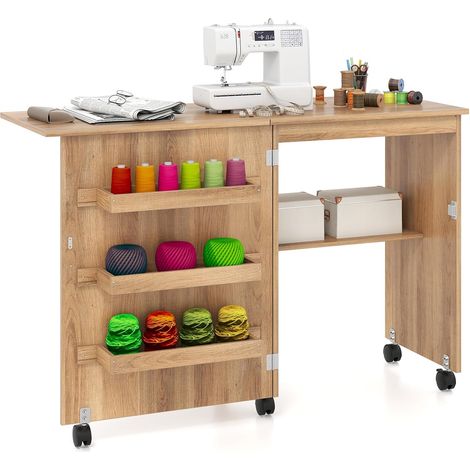 COSTWAY Mobile per Macchina da Cucire Pieghevole in Legno,Ruote Bloccabili,118,5x40x79,5cm,Legno (1/5)