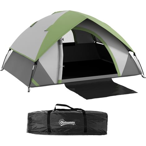 Tente de camping 2 places avec fenêtre en treillis, 210 x 150 x 110 cm, polyester, gris et vert, fibre de verre et EP
