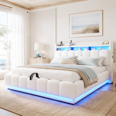 Lit capitonné 180x200 cm avec rangement hydraulique, LED, USB, métal, blanc (1/5)