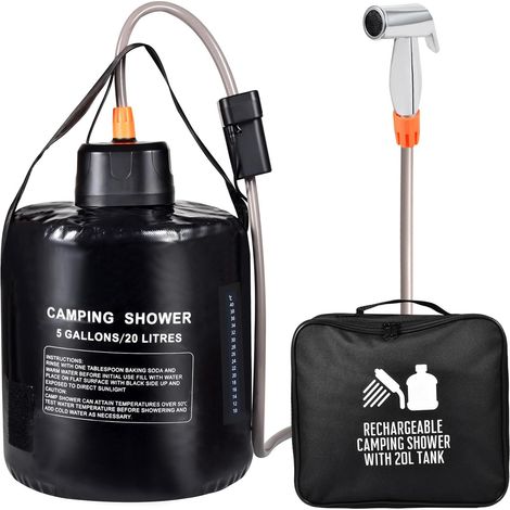 Douche de Camping Portable, Pompe à air Rechargeable de 20 l, Douche de Camping, Chauffage Solaire, airbag de sécurité en PVC Noir, thermomètre, Convient pour la Plage, Le Camping, la (1/5)