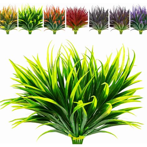 Set mit 8 UV-beständigen künstlichen Gartenpflanzen – Hohe Gräser, tropische Blumen und künstliche Sträucher für Frühlings-, Sommer- und Herbstpflanzgefäße – Grün