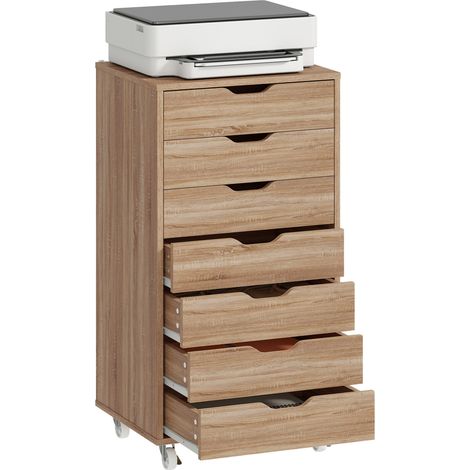 Caisson de bureau - Vinsetto - sur roulette - 7 tiroirs avec poignées encastrées - organisateur pour format A4, lettres - chêne (1/5)