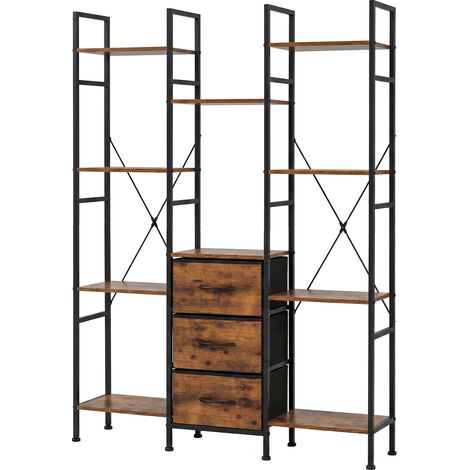 Levede Book Shelves 10 Open 3 Fabric Drawers Tall Storage Unit for Office Brown (1/5)