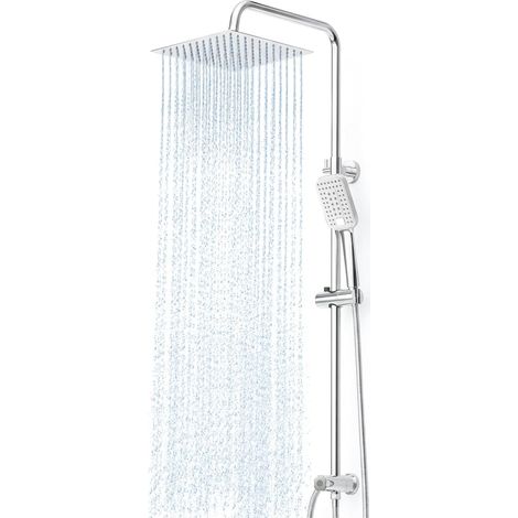 Ensemble de Douche, Colonne de Douche sans Mitigeur, 30x30cm Pommeau de Douche Pluie en Acier inoxydable, Avec Flexible Douche 1,6m et Barre de Douche Réglable en Hauteur, Chrome (1/5)