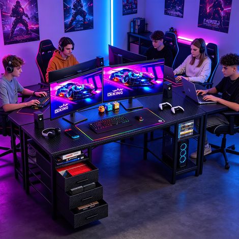 Bureau Gaming Noir,Bureau avec rangement 120×60×75 cm, bureau d'étude à 3 tiroirs,bureau gamer avec 3 Étagères