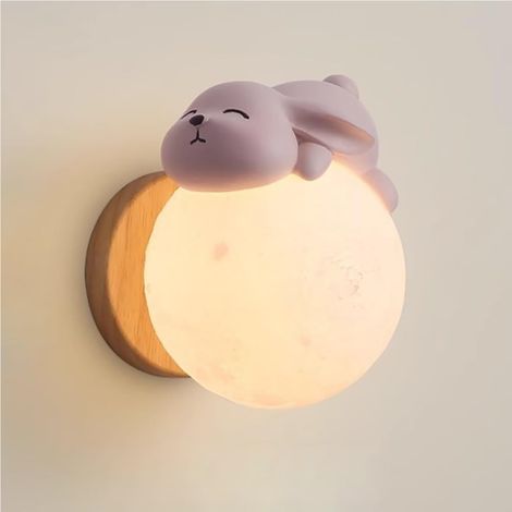 Nordic Moon Resin Wall Lamps, Milk White Sphere Wall Mounted Light Bedside Cartoon Cute Ball Wall Sconces for Bedroom Children(Pink Rabbit) (1/5)