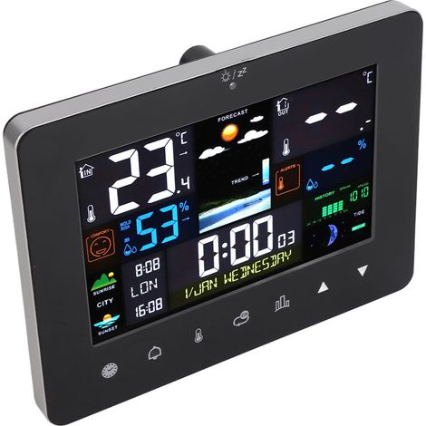 Station météo numérique avec écran tactile couleur et thermomètre sans fil intérieur et extérieur (1/5)