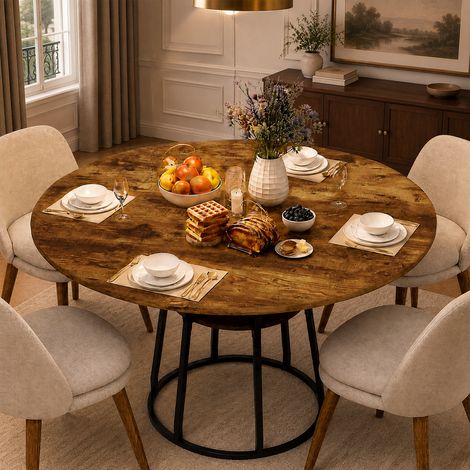 Table à Manger Ronde 120 cm pour 4 Personnes, Table de Cuisine Industrielle avec Étagère, Table en Bois Gain de Place pour Salle à Manger et Cuisine