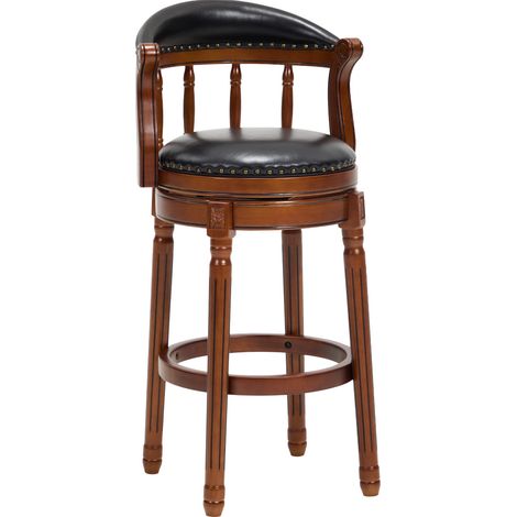 Sgabello da bar in pelle nera e legno con schienale, girevole a 360° (1/5)