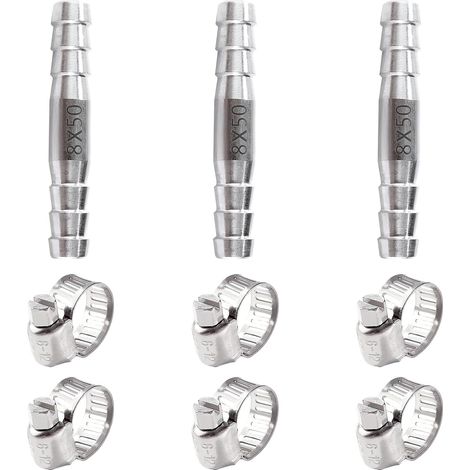3 Pièces 8mm Coupleur Droit Adaptateur, Raccords de Tuyau Cannelés en Acier Inoxydable, Connecteur de Tuyau de Carburant en 2 Voies, avec 6 Pièces Colliers de Serrage, pour Air, Gaz, Eau (1/5)