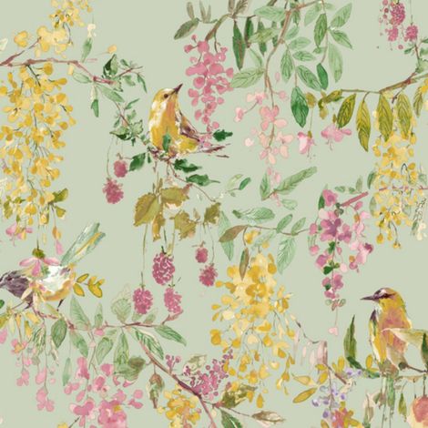Grandeco Blackberry Trail Green Wallpaper Bird Wildflower Nature Paste The Paper (1/4)