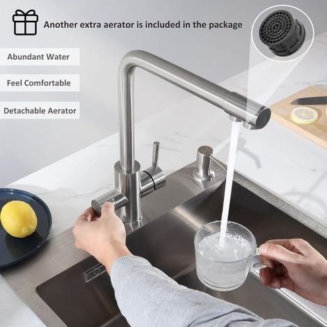 PURE-I 3-Wege-Küchenarmatur, Spültischmischer mit zwei Wasserauslässen: Gefiltertes Wasser und Warm-/Kaltwasser – 360° schwenkbarer Auslauf aus gebürstetem Edelstahl 304 (1/4)