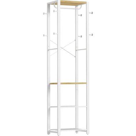 Entrance Cabinet, Coat Rack with Shoe Shelves, 2-in-1 Storage Shelf, Entryway Unit with 3 Shelves, 8 Hooks and Rod, White and Wood Colour (1/5)
