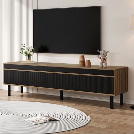 Meuble TV 170x38x47 cm noir en panneau de particules avec 4 portes et pieds en bois (1/5)