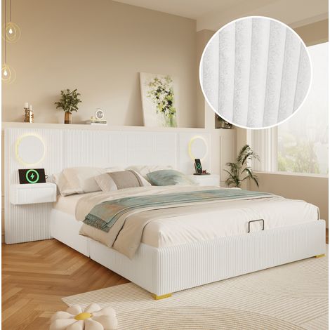 Lit coffre 180x200 cm en velours beige, rangement hydraulique pour chambre adulte FloraGrace (1/5)
