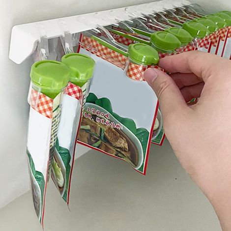 Porta-sacchetti per spezie con clip, porta spezie girevole da parete con chiusura dosatrice per cucina, 6 fori, verde puro, taglia unica. (1/5)