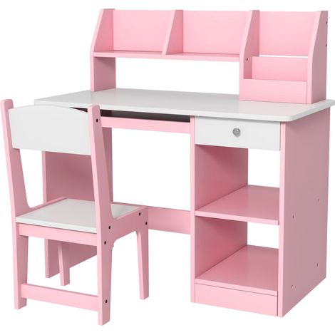 Bureau enfant avec chaise ergonomique, clavier coulissant, tiroir, niches et étagères ouvertes 90x45x90 cm rose (1/5)